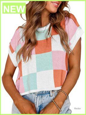 Womens Cap Sleeve Crop Top Color Block Crew Neck Knit Pullover Sweater Summer